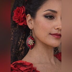 Brass w red mosaic earrings Spain pierced w wires